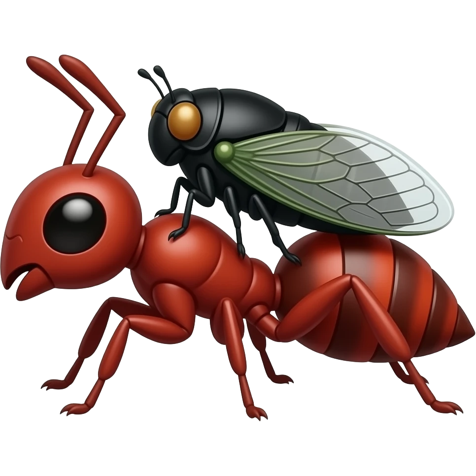 a black cute girly cicada on the back of red muscular ant, cartoon style emoji