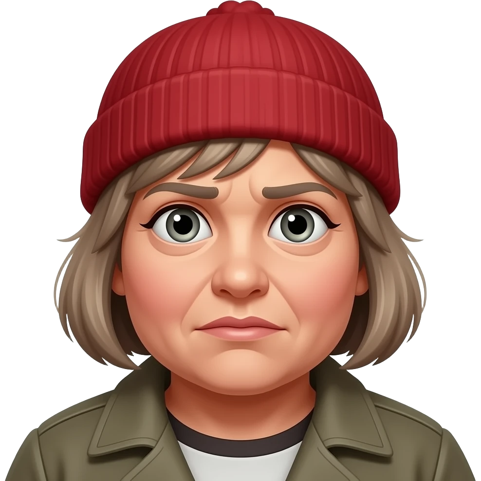 A chunky fat homeless woman with short red hat and crazy eyes emoji
