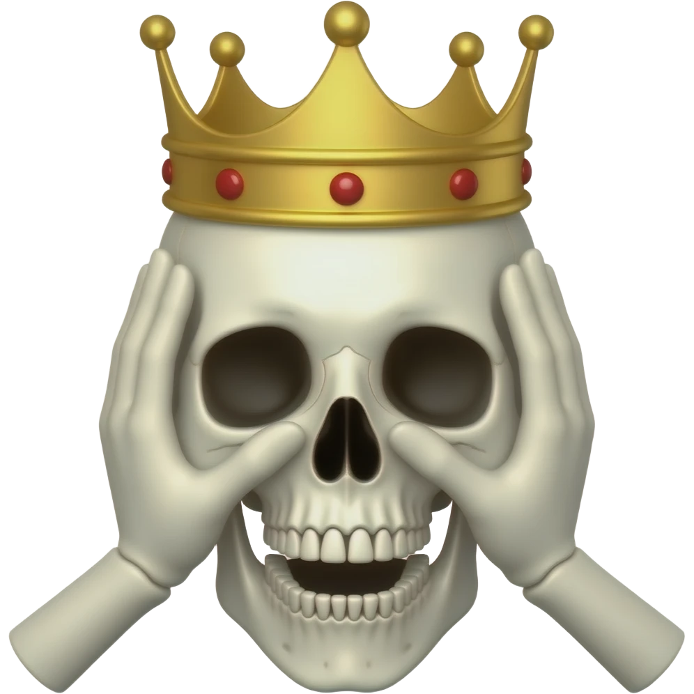 Un crane emojie choqué avec des main sur c joux avev des main avec une courone emoji