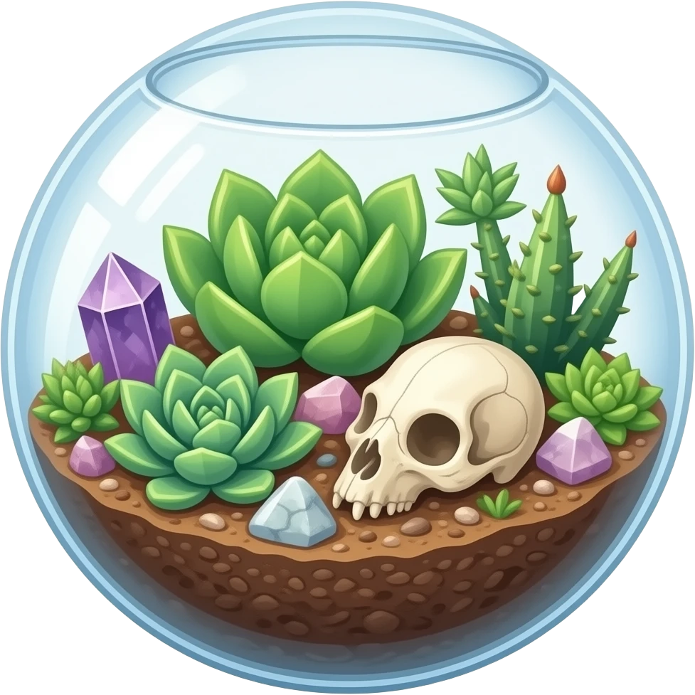 succulent terrarium with amethyst and rose quartz and marble cluster and animal skull inside emoji