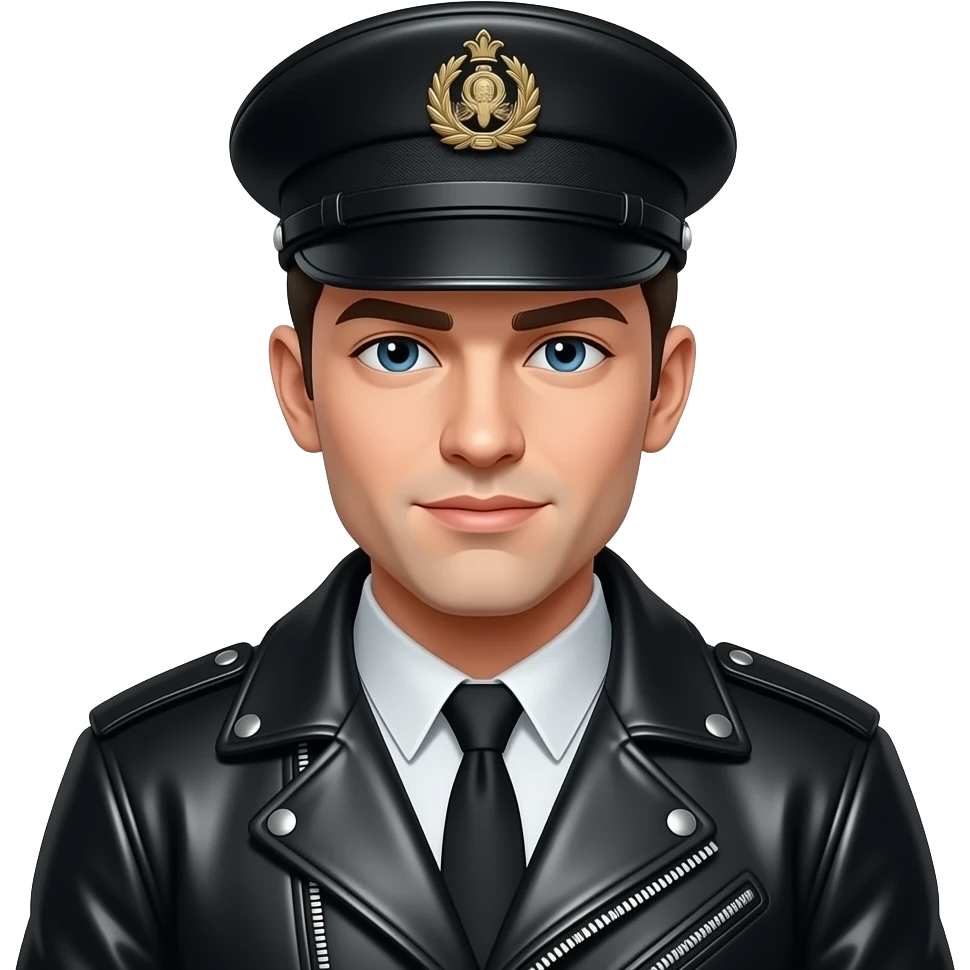 a leather Dom black leather army hat and leather jacket emoji