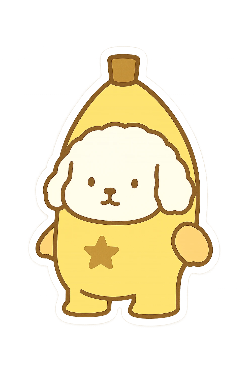 Transform the image into a WhatsApp sticker style featuring only the dog dressed as a banana. Remove the background completely and add a white border around the dog for a sticker effect. Maintain a chibi stickers illustration style with a transparent background. emoji