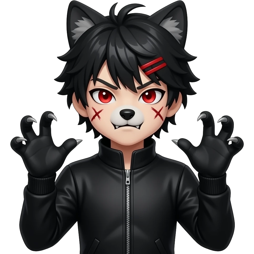 Emo boy with side black fringe with a full buff black alpha furry suit on and red eyes angry with scar wolf man claws uwu hands face wolf emoji