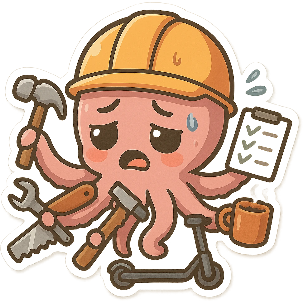 A cartoon octopus worker wearing a helmet, looking exhausted and stressed. The octopus holds a hammer, checklist, wrench, saw, coffee cup, and electric scooter in its tentacles, emphasizing multitasking and feeling rushed. emoji