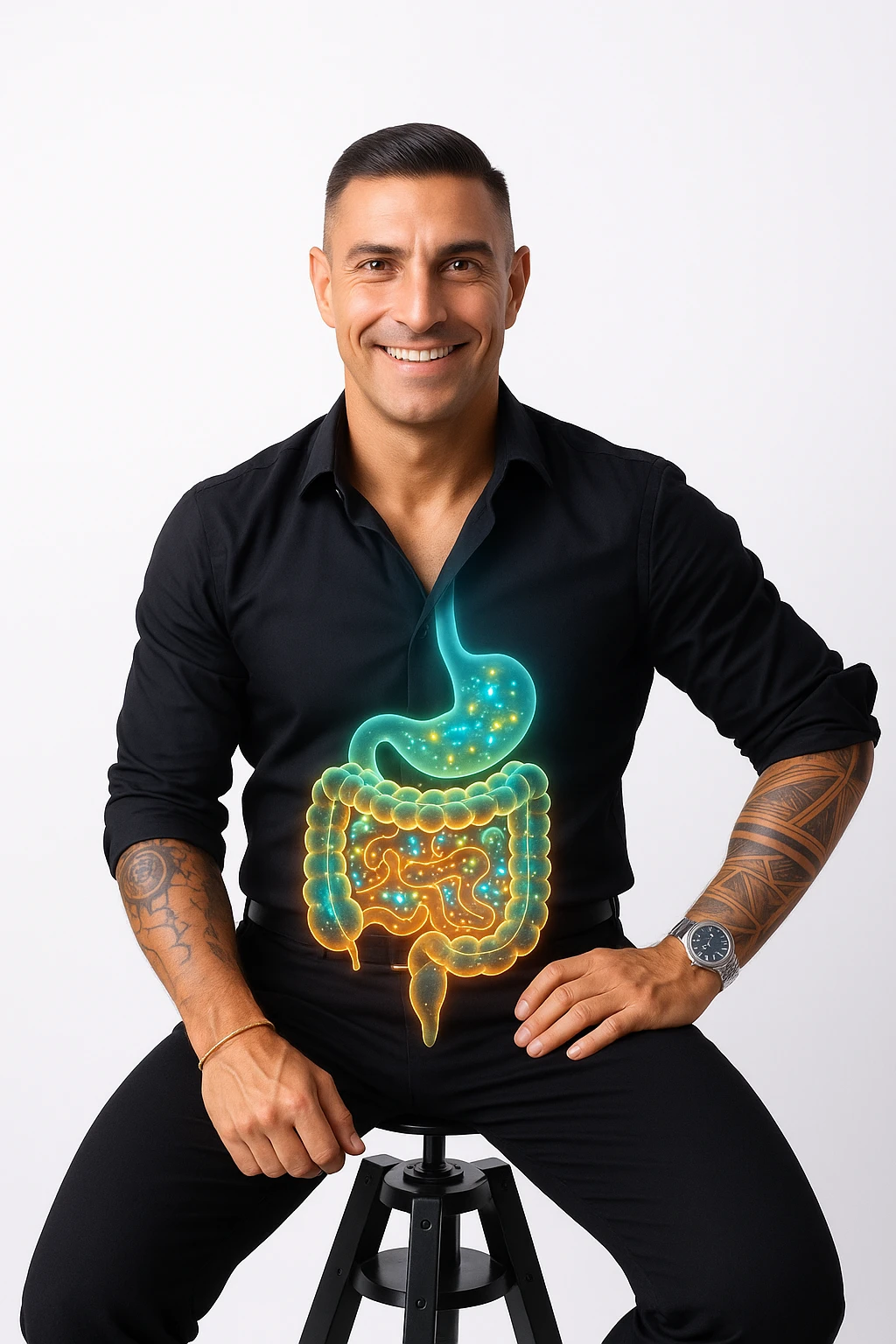 Radiant man with transparent digestive system showing diverse, thriving gut bacteria colonies in perfect balance, beneficial microorganisms glowing like constellation patterns throughout intestines, expression of optimal health and vitality, digestive tract functioning as harmonious ecosystem, immune system strengthened by microbial diversity, energy levels at peak performance emoji