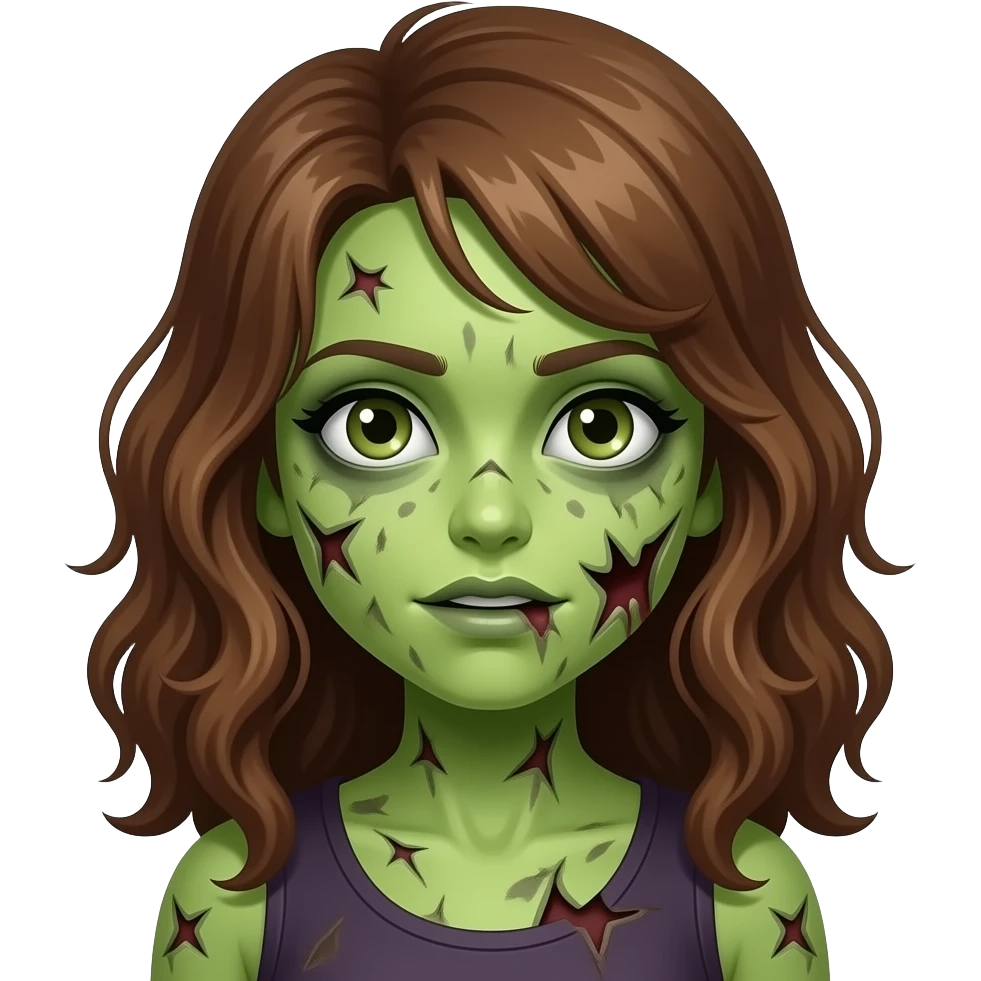 uma menina zumbi de pele verde e estragada com cabelo marrom ondulado emoji