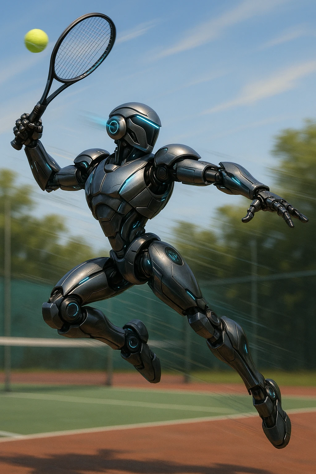 tennis robot in action, leaping to hit a ball, sleek design, glowing accents emoji