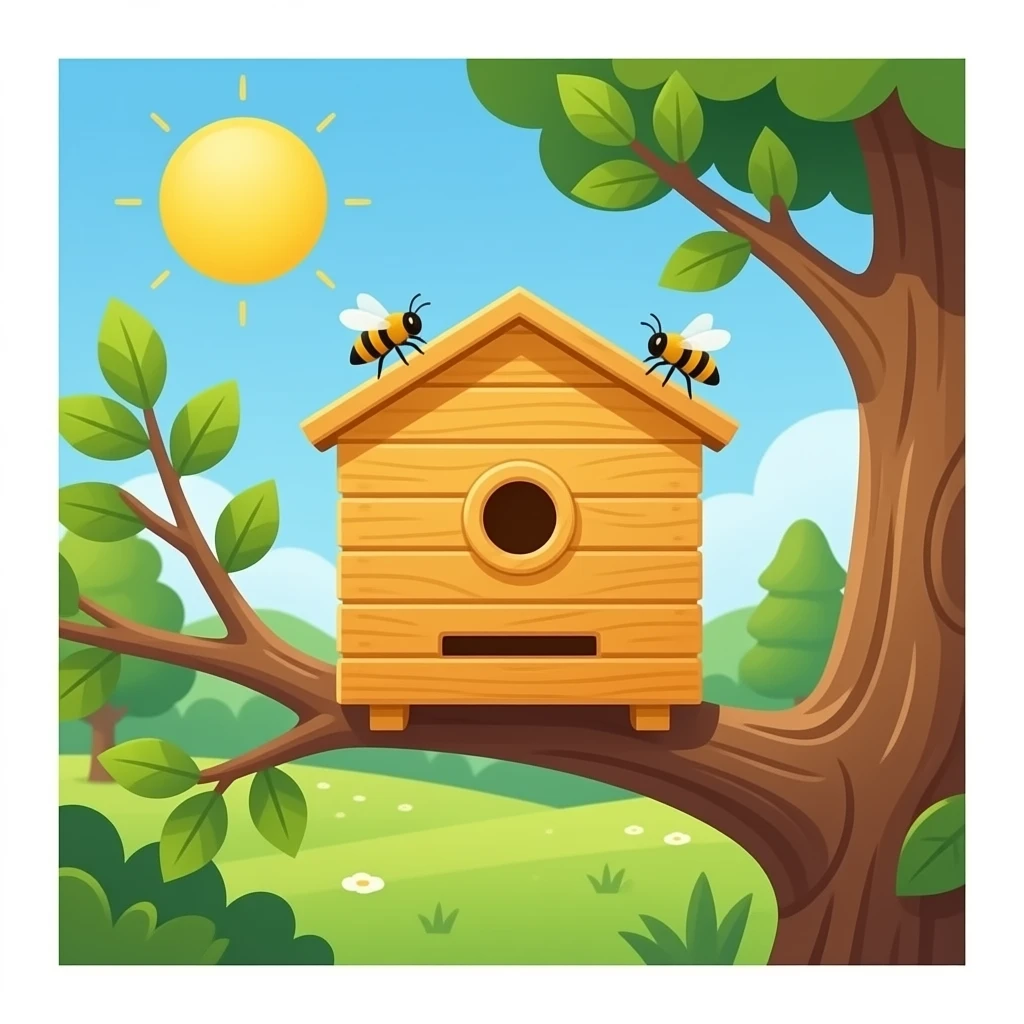 A small hive nestled between tree branches with worker bees. emoji