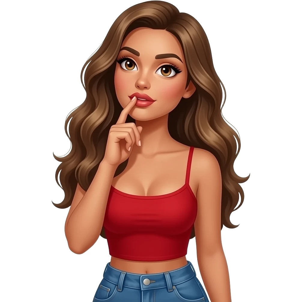 Fingers on lips and thinking looking up woman with tan glowy skin, hazel eyes almond with long lashes,, full lips, dark blonde flowing hair, delicate feminine sexy features, wearing a red tube top and blue jeans, confident and femenine and glam makeup. Intense seductive look. Big boobs emoji