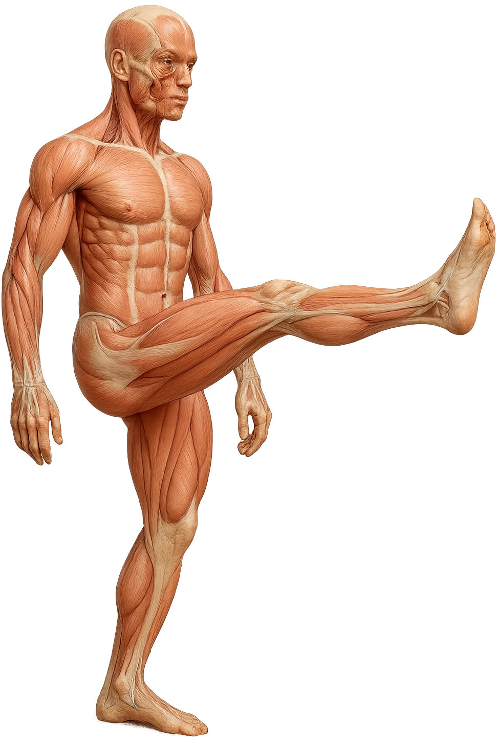 CORPO UMANO ANATOMICO REALISTICO CHE FA UN ESERCIZIO DI MOBILITà ARTICOLARE ALLE GAMBE, IPERREALISTICO 4K emoji