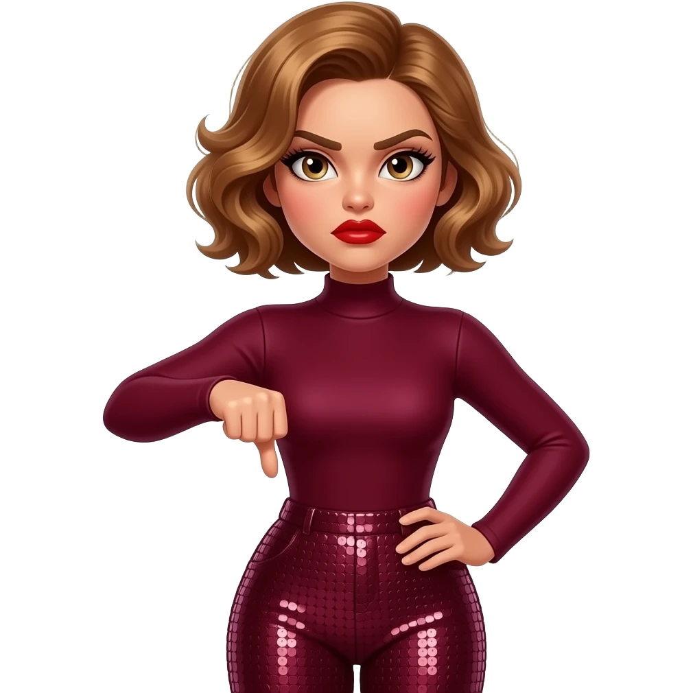 glamours,-tanned,-very-beautiful-woman-with-big-plump-red-lips,-long-lashes,-honey-silky-very short- hair,-wavy-hair,-hazel-eyes- wearing-Burgundy-Long-sleeved-bodysuit-Burgundy- sequinned-pants-Her-eyes-sparkle-and-she-is-frowning-with-thumb-down.. emoji