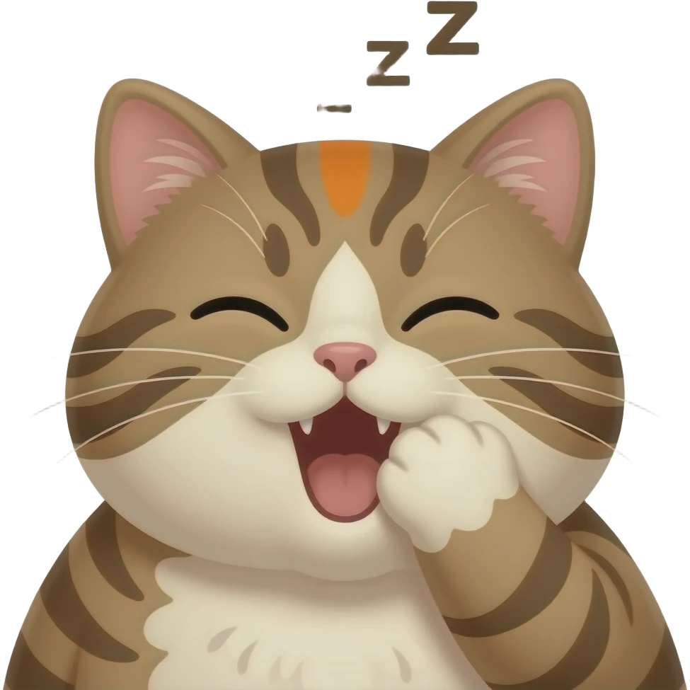 Fat Brown and cream color tabby cat with orange spot on forehead. Sleepy face yawning and covering mouth with ZZZ over head emoji