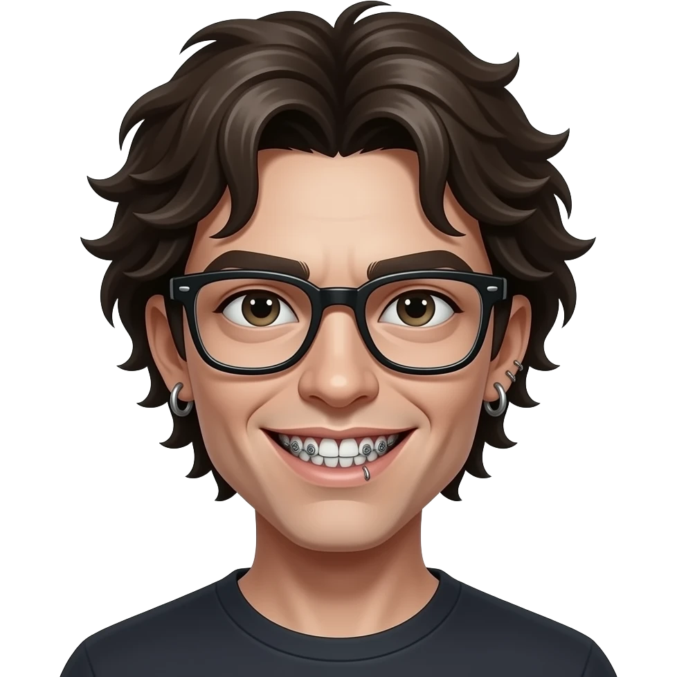 Swagie zombie, with a piercing in the eyebrow, and two in the cheekbones, with short and wavy hair and braces and nerd glasses emoji