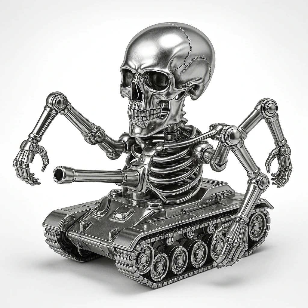 skull tank with four arms, no legs, spine and ribcage connect directly to a tank chassis, rushing into battle, intimidating, chrome style emoji