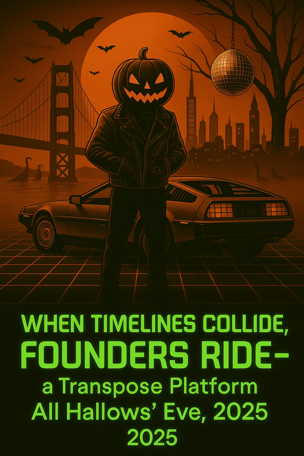 Add the words below the DeLorean, make the words neon retro green, When Timelines collide, Founders ride — a Transpose Platform All Hallows’ Eve, 2025.  emoji