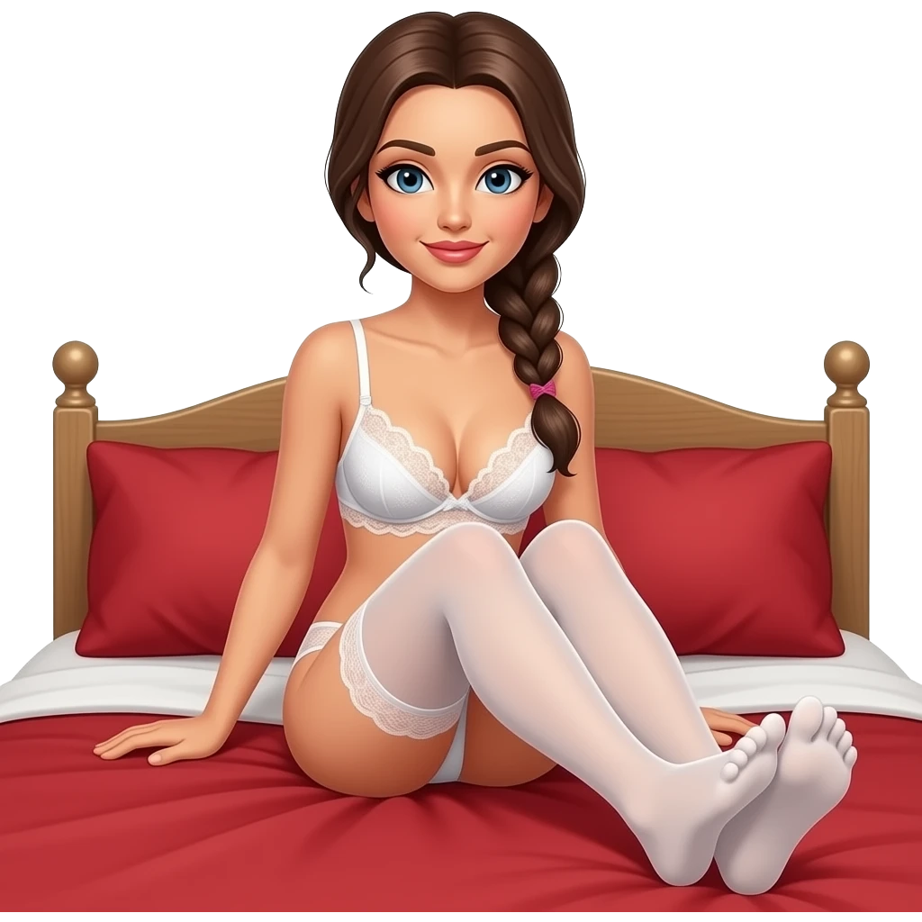 woman, in lacy white bra and thong, white hold ups, braided ponytail, sitting on red bed, lifting feet and showing toes emoji