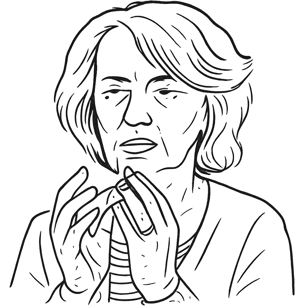 a hand drawn black outline portrait of philosopher Catherine Larrère based on this image emoji