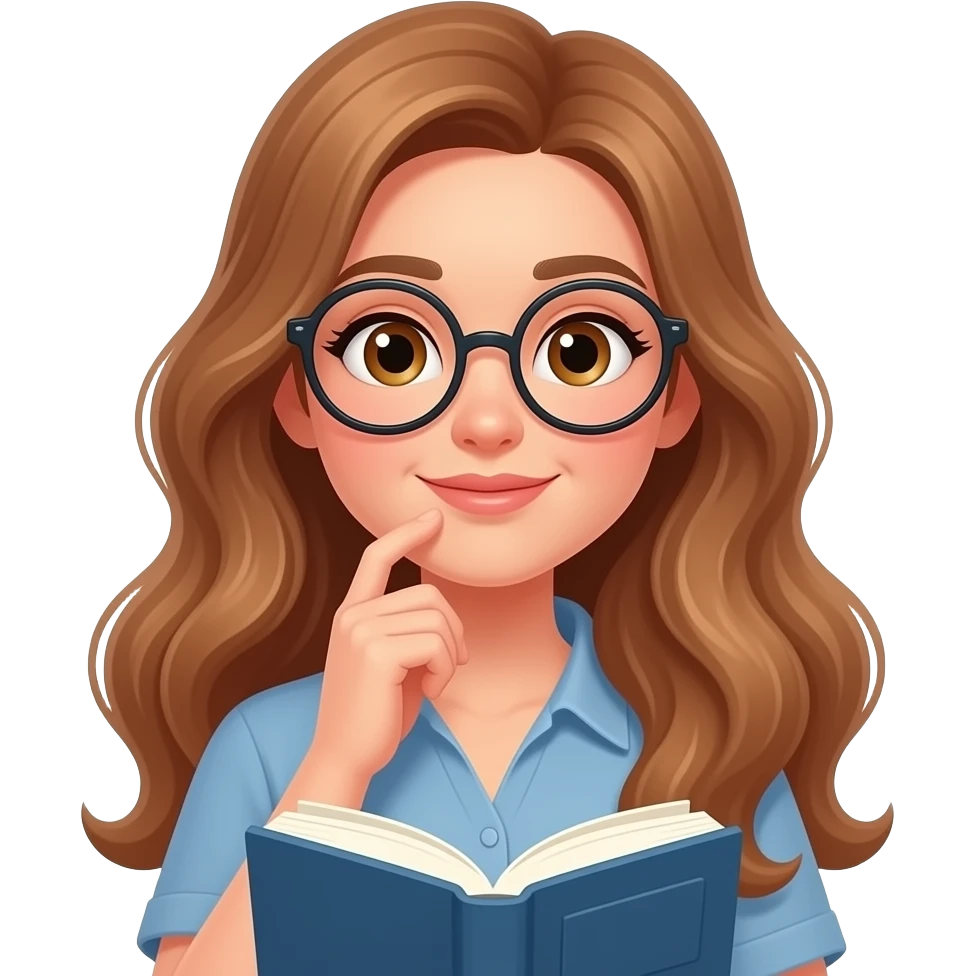 detailed emoji illustration of a curvy woman with long light brown wavy hair, light brown eyes and round glasses thinking while holding a book, confused or thoughtful expression, writer block vibe, cute emoji style emoji
