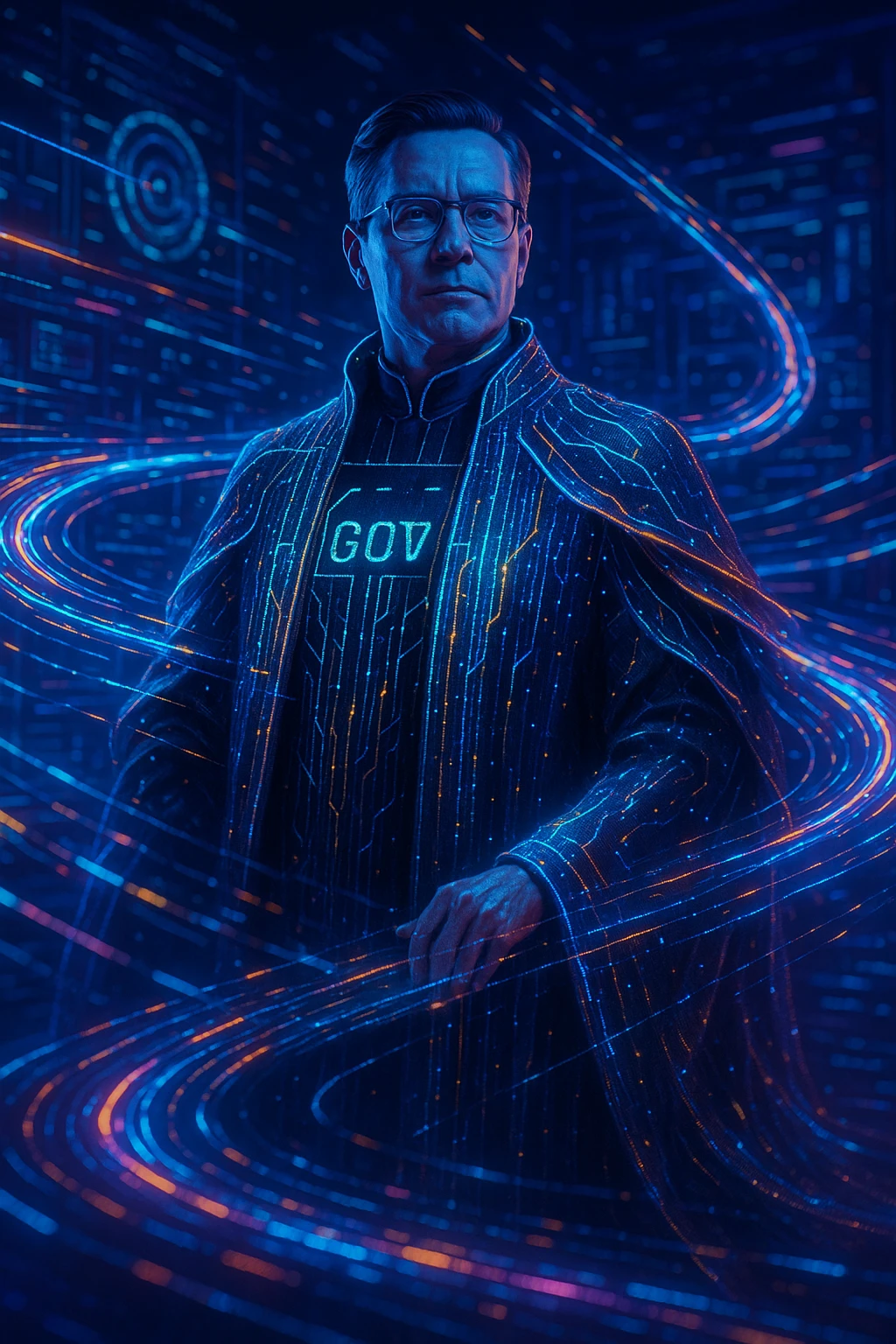 a data Governor, stylized as a tech leader, wearing a digital robe or cape, with data streams flowing around emoji