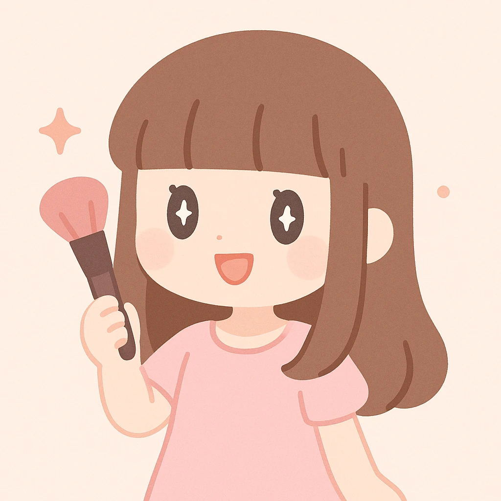 brown-haired girl with hime hairstyle, light pink dress, holding makeup brush, playful expression emoji