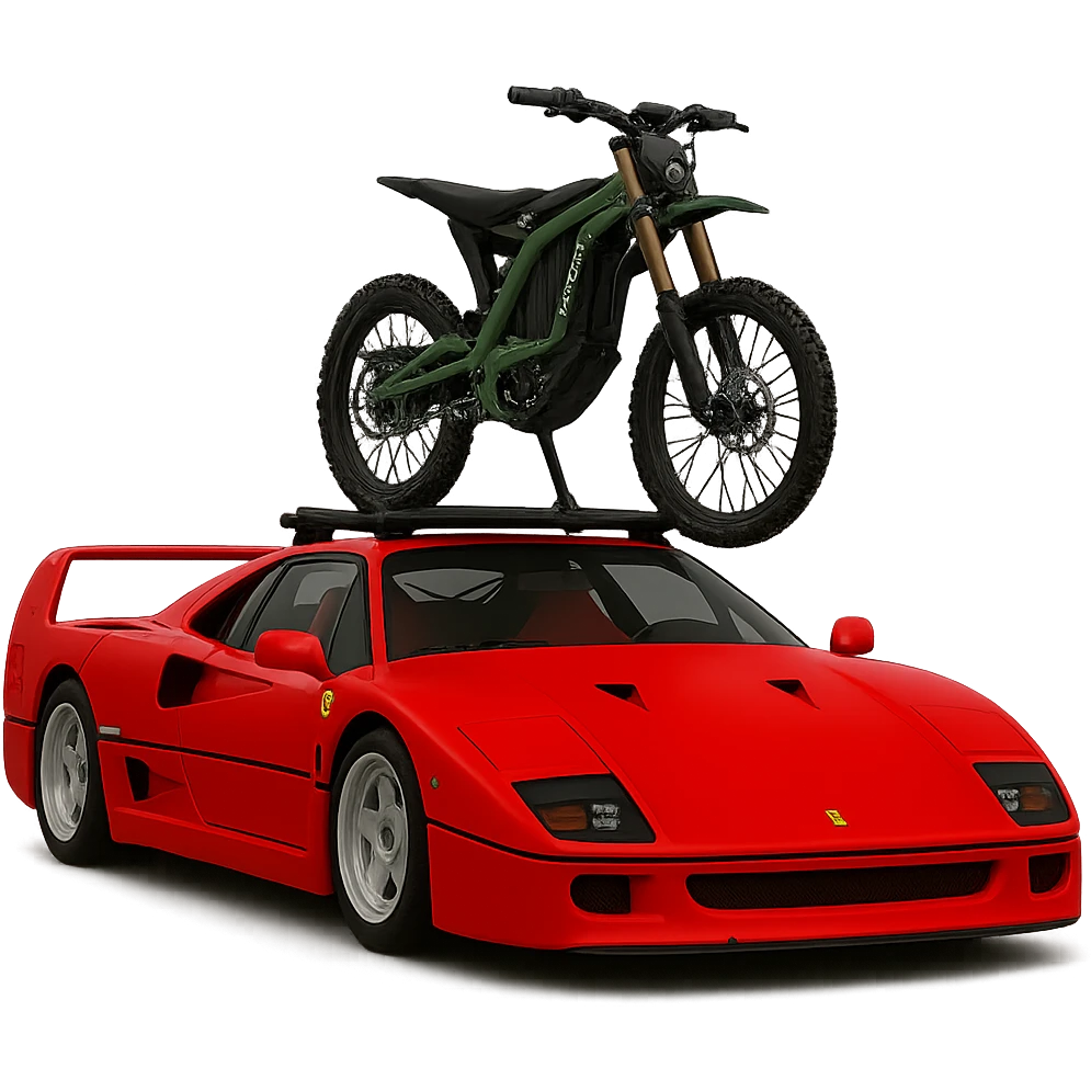 Replace the two bikes with one Sur-Ron electric bike with a green frame, mounted on the roof rack of the realistic Ferrari F40. Keep the background transparent. emoji