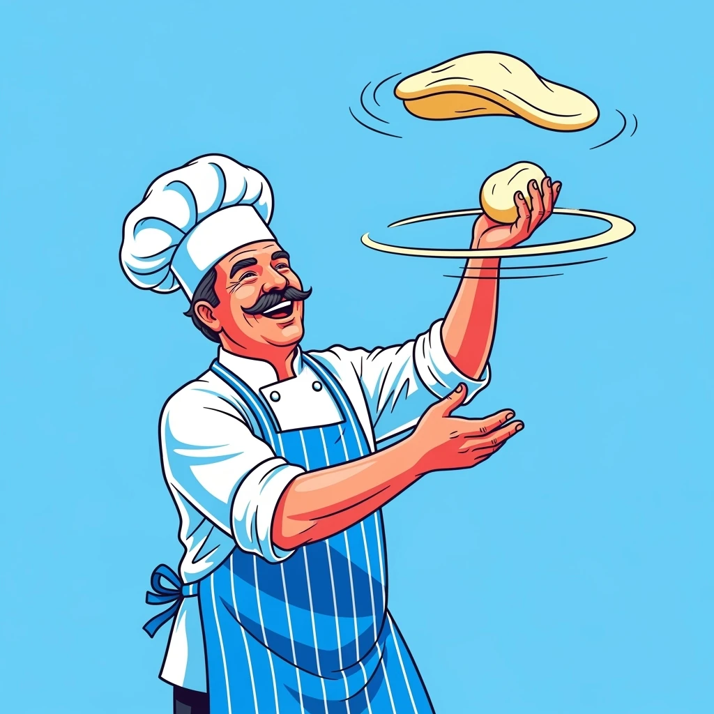 digital vector art of smiling Italian chef spinning pizza dough emoji