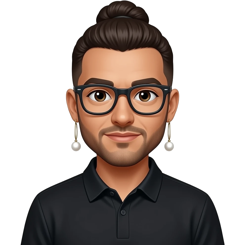 Men with a bun and glasses, long earing with white pearl and black polo emoji