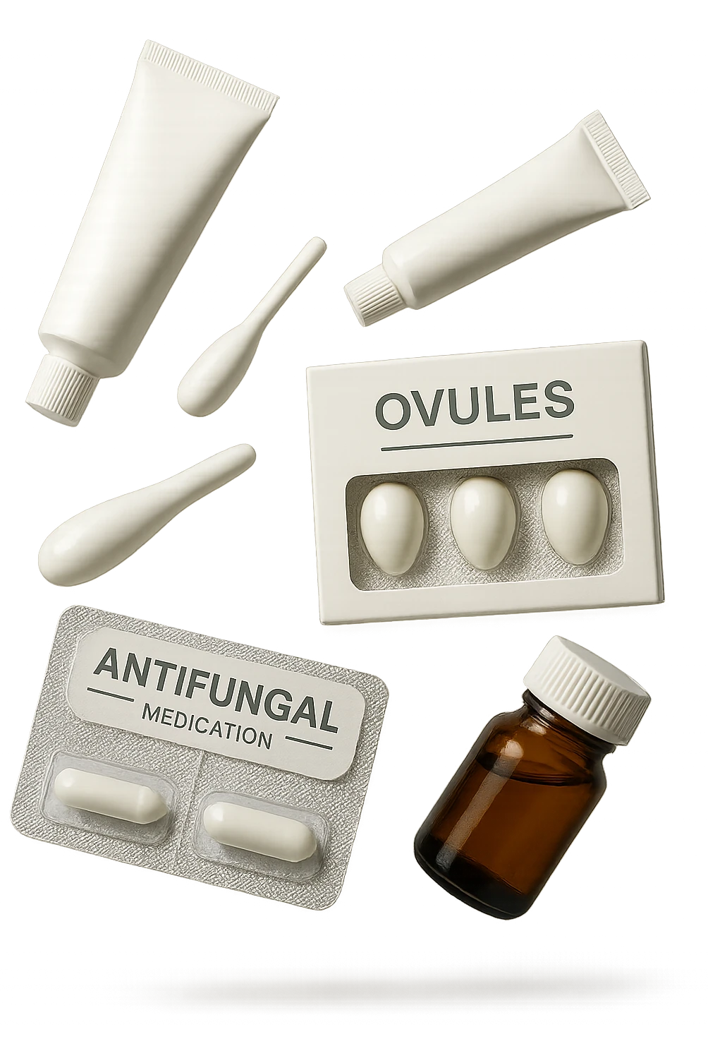 boccette di farmaci fluttuano in aria: creme, ovuli o antimicotici, IPERREALISTICO 4K emoji