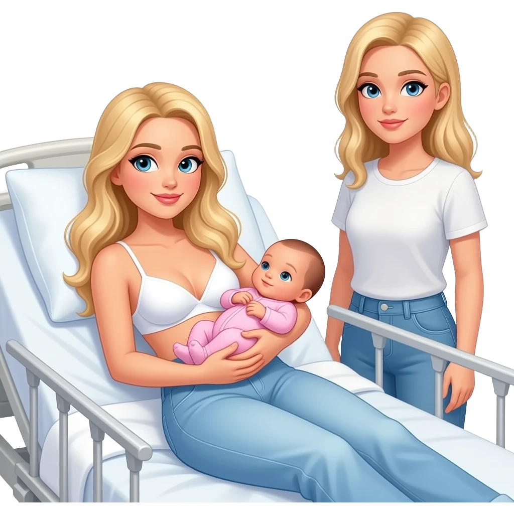 in hospital bed Woman with long blonde hair, and light blue eyes, wearing white bra and light blue baggy jeans with skinny body, holding newborn girl wearing pink onesies, with mom with blonde hair and blue eyes standing beside bed emoji
