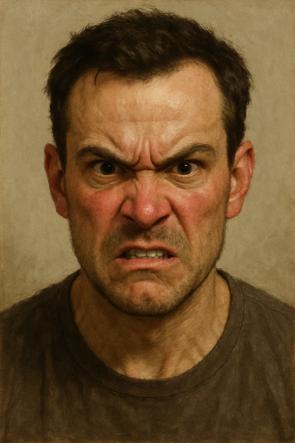 a mad person with furrowed brows, clenched jaw, intense eyes, red cheeks, neutral background emoji