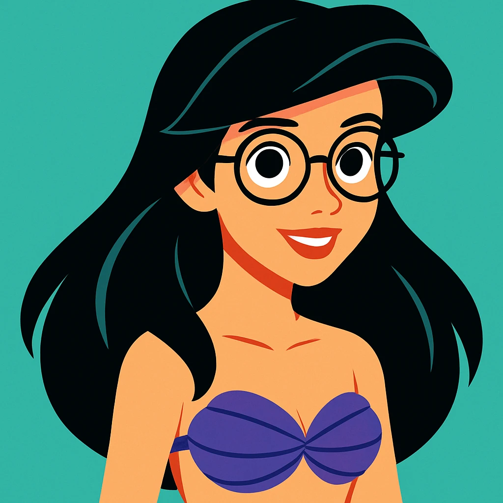 Upper body of Ariel, the Little Mermaid, with black hair and thin round Miu Miu glasses emoji