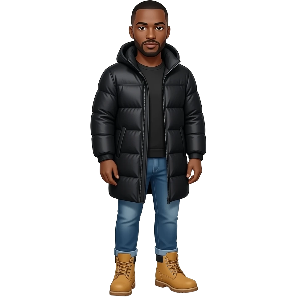 Bald man smooth oval head  black man with black puffer coat, timberland boots nyc emoji