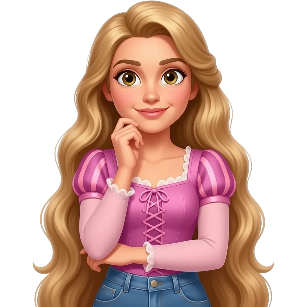 Woman that looks like Rapunzel and Adriana Lima mixed together and is wearing a plain baby pink top with some jeans and is looking up and thinking and has her hand on her chin or cheek and looks realistic like a real person not fake and AI and has light brown hair and blowout and brown eyes emoji