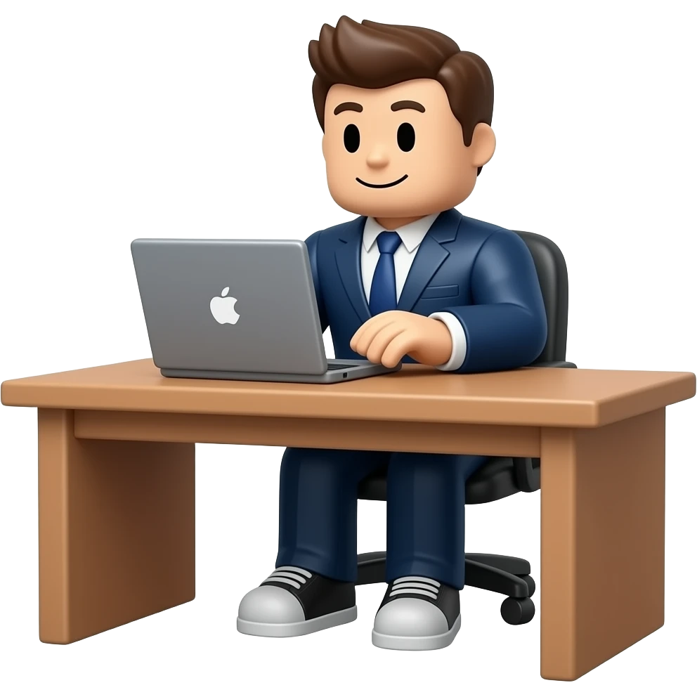 Genera un personaje de Roblox de cuerpo completo sentado en un escritorio con una laptop emoji