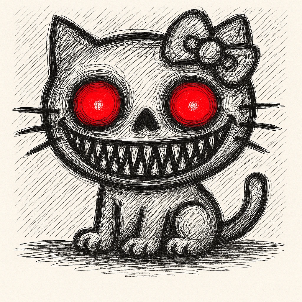 Make Hello Kitty's horror face smile much wider, keeping the glowing red eyes and unsettling features, in doodle style. The style is doodle style. emoji