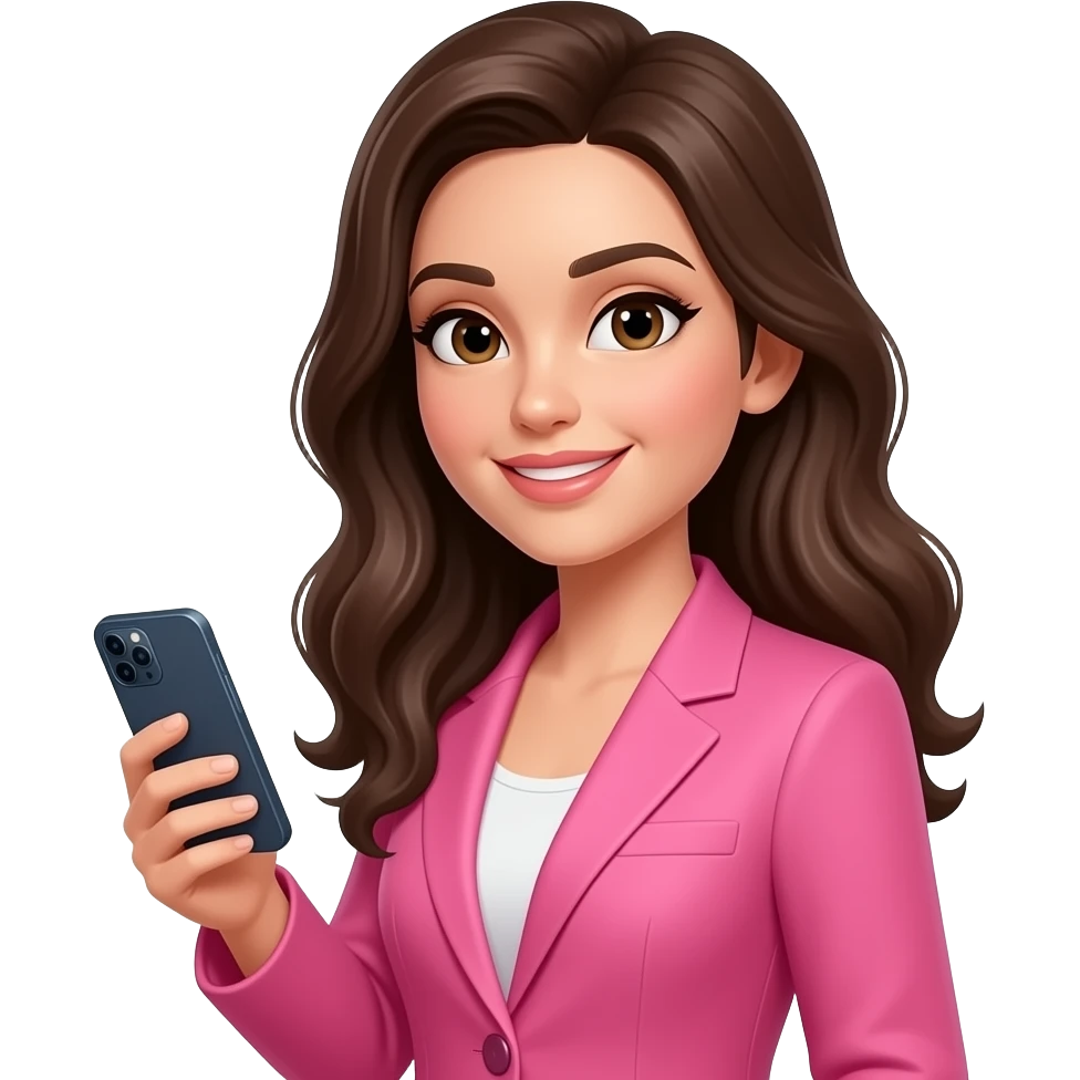 brunette woman in pink blazer with smart phone emoji
