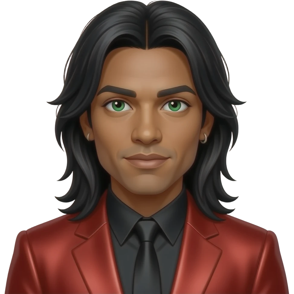 Rob Pilatus from Milli Vanilli with medium dark skin, green eyes, long black shoulder-length hair, red metallic mao suit, earrings emoji