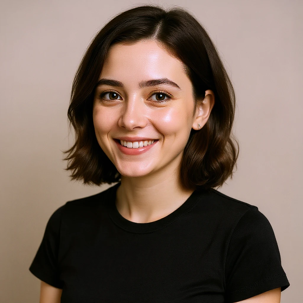 Realistic portrait with a smiling face and a bright background. emoji