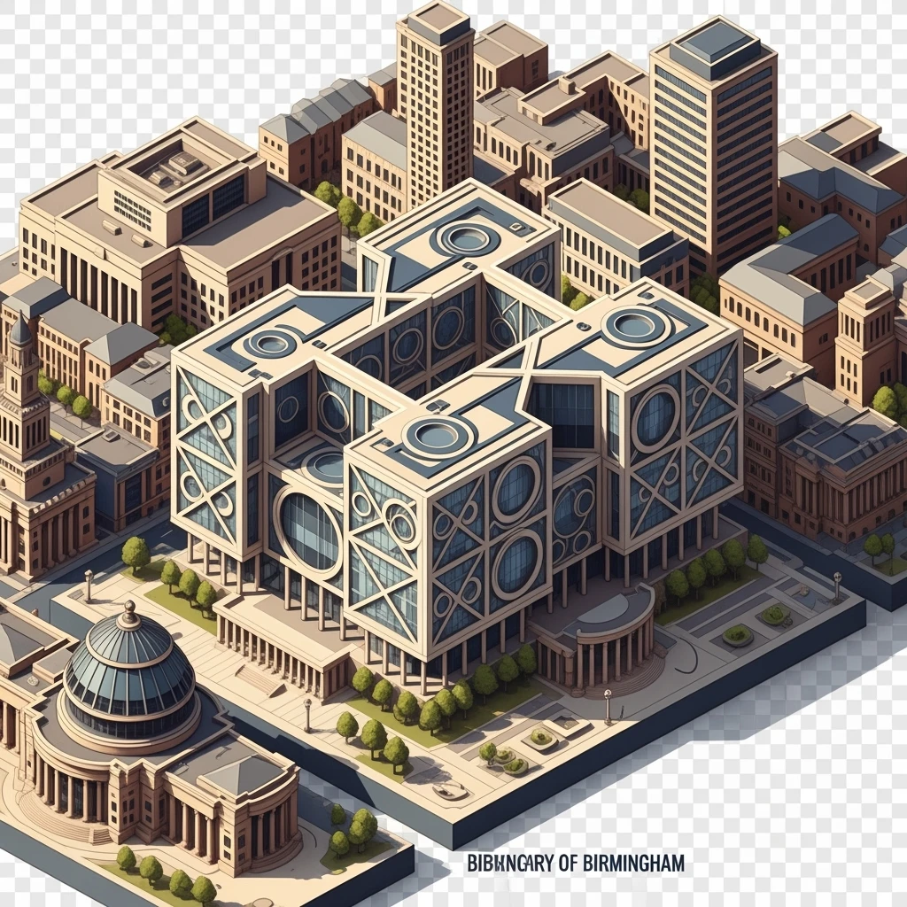Isometric illustration of Birmingham, featuring the Library of Birmingham with its modern architecture, balanced between stylized and realistic, 3D miniature effect, transparent background. emoji