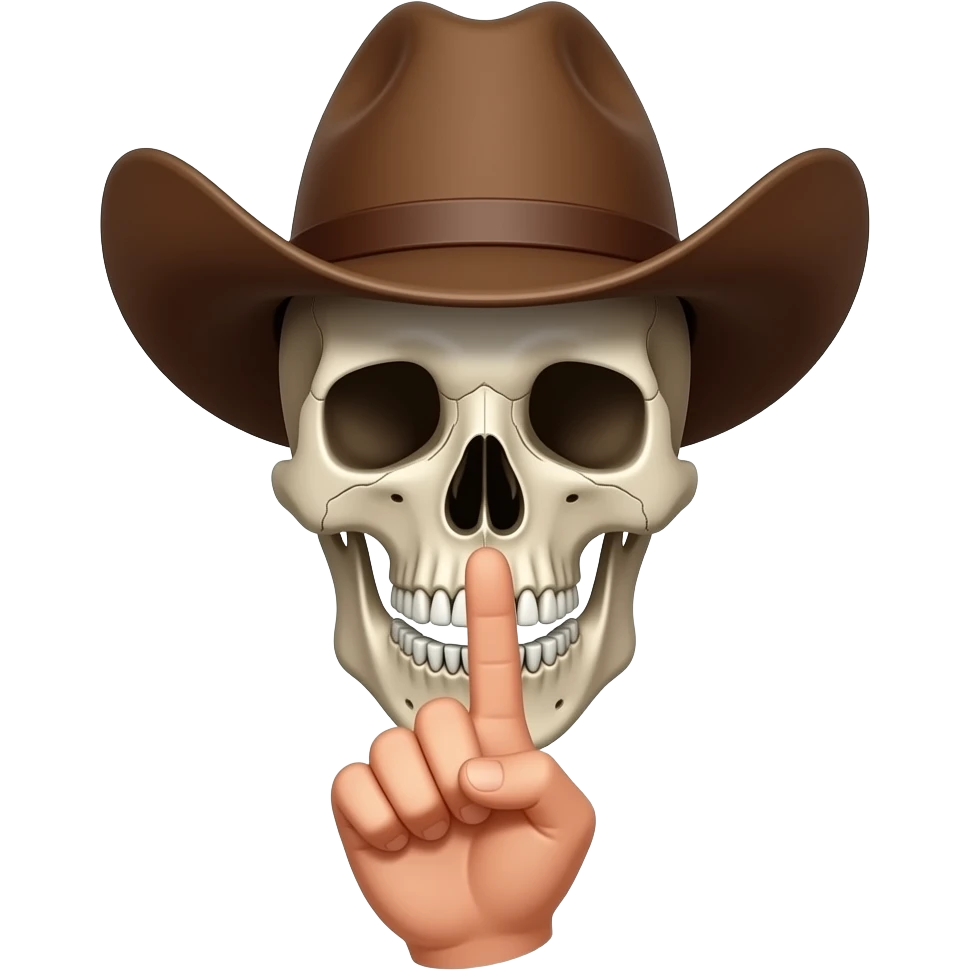 Cowboy Skull with his index finger to his lips, shhhh, palm turned inward toward the face, back of hand facing camera emoji