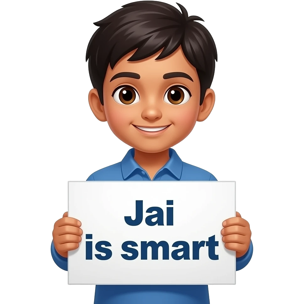 An Indian boy holding   A sign that says “Jai is smart” emoji