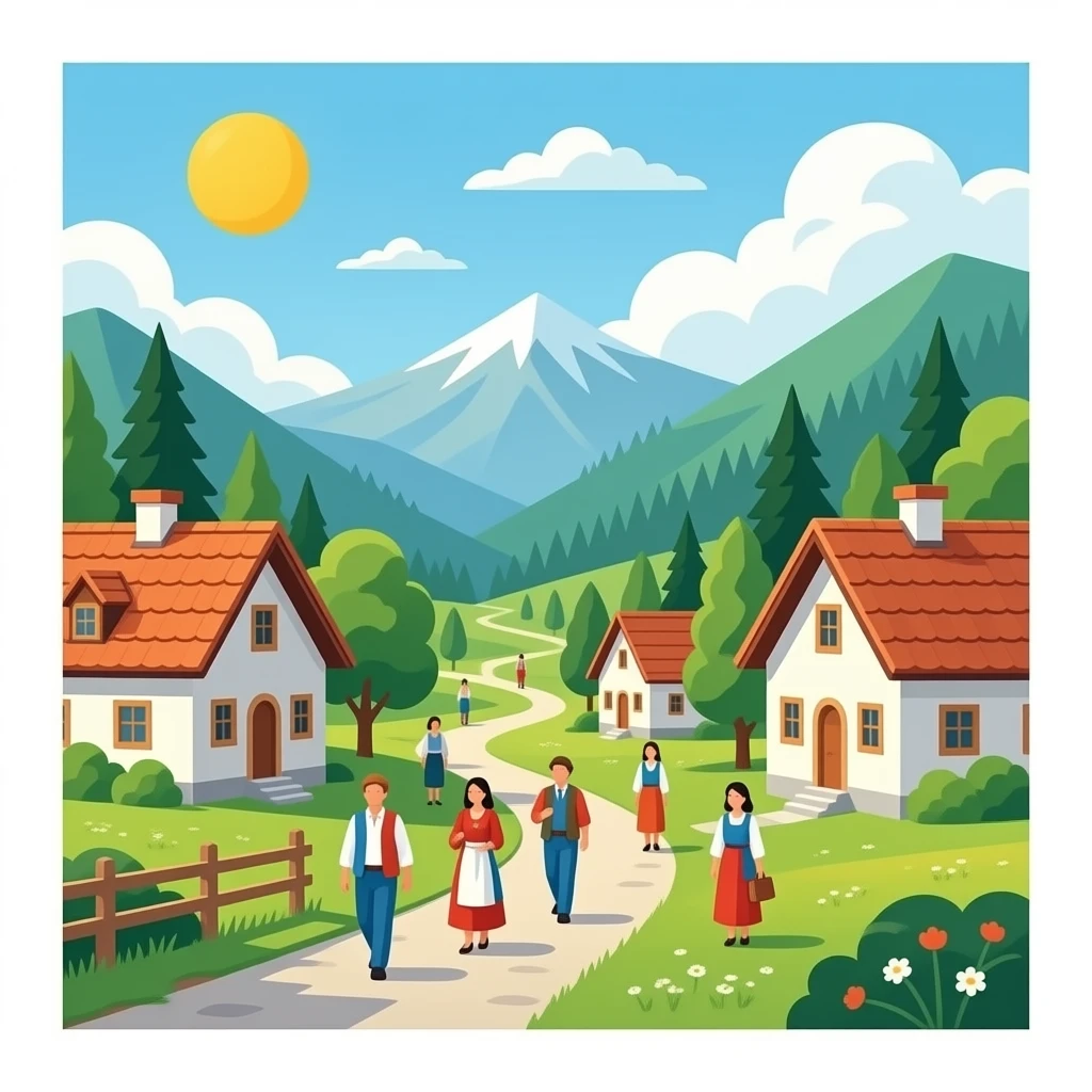 quiero un publo tipico de montaña con los abitantes muy tranquilos quiero que se de esta epoca i con oersonas emoji