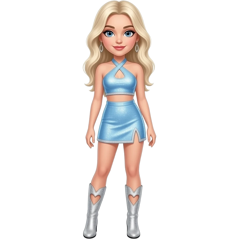 Sabrina Carpenter platinum blonde hair wears a baby blue sequined two-piece set featuring a halter-style crop top with a pointed hem and a matching mini skirt . Both pieces are edged in silver glitter trim. Silvery glittery rhinestone boots with heart cut out at side. emoji