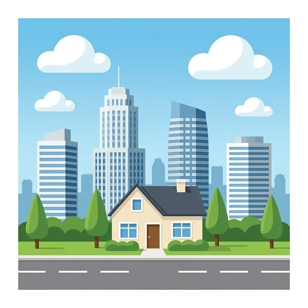 only a house and tall office buildings, no sun, no moon, no trees emoji