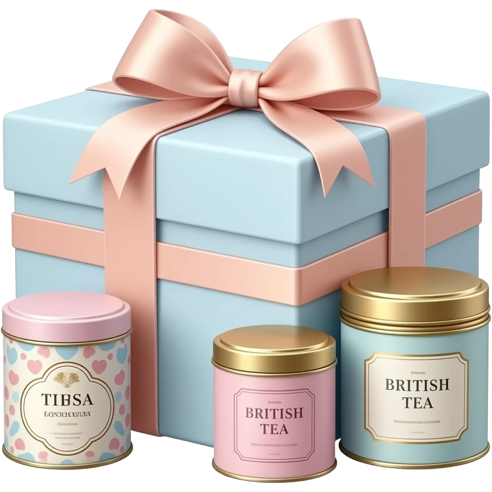 Luxury British tea hamper, isolated, centered, no background, elegant pastel box, satin ribbon, fine tea tins, feminine London luxury gifting aesthetic emoji