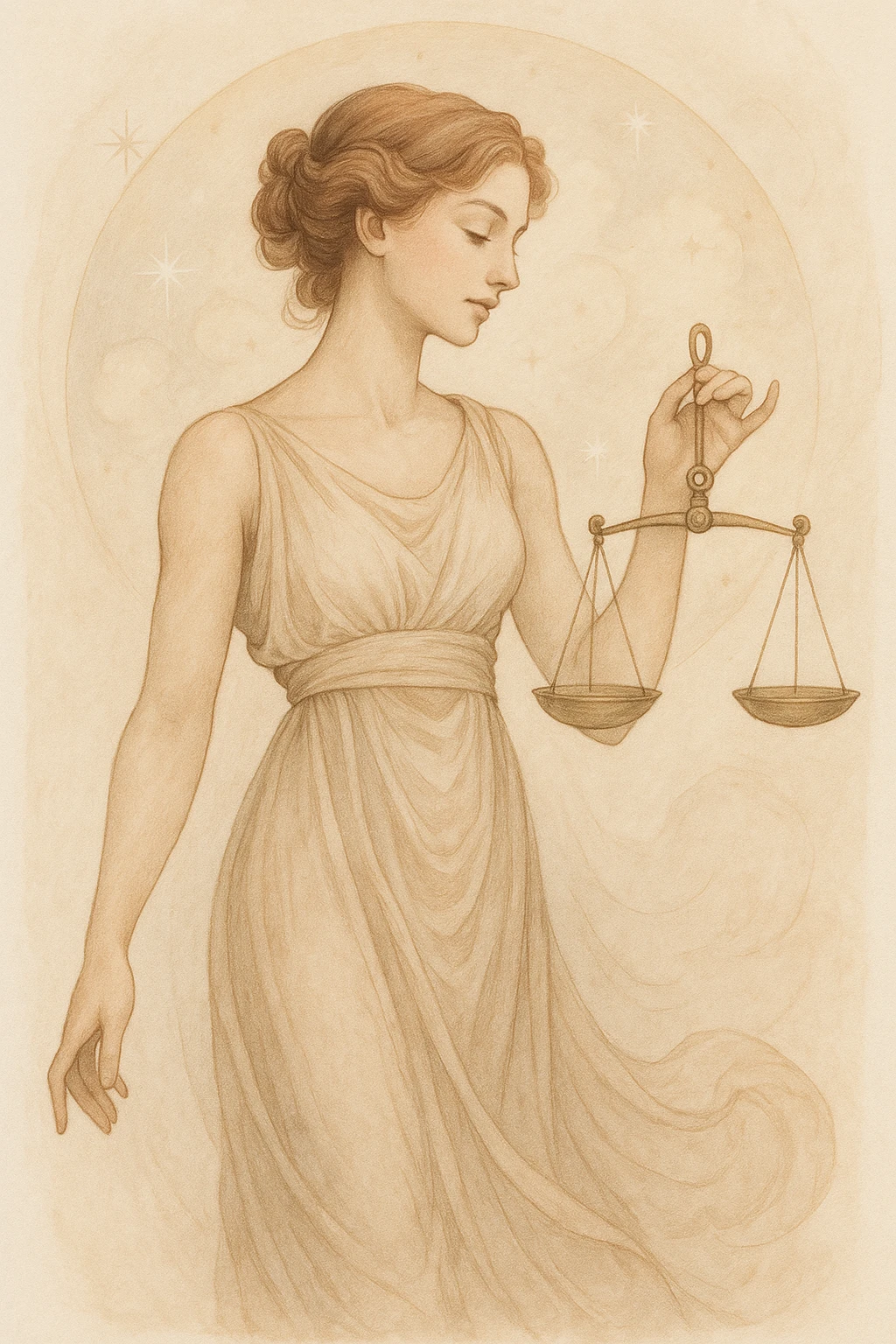 Libra woman, graceful pose, scales in hand, astrological, no text emoji