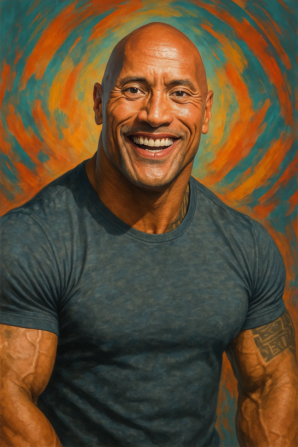 Dwayne 'The Rock' Johnson, muscular, bald, charismatic smile, wearing a tight t-shirt, fun and recognizable style emoji