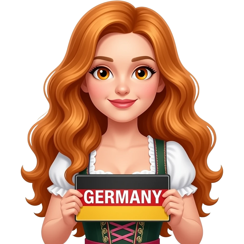 sexy girl with long curvy ginger hair and ginger eyes wearing a dirndl is holding a GERMANY sign, emoji