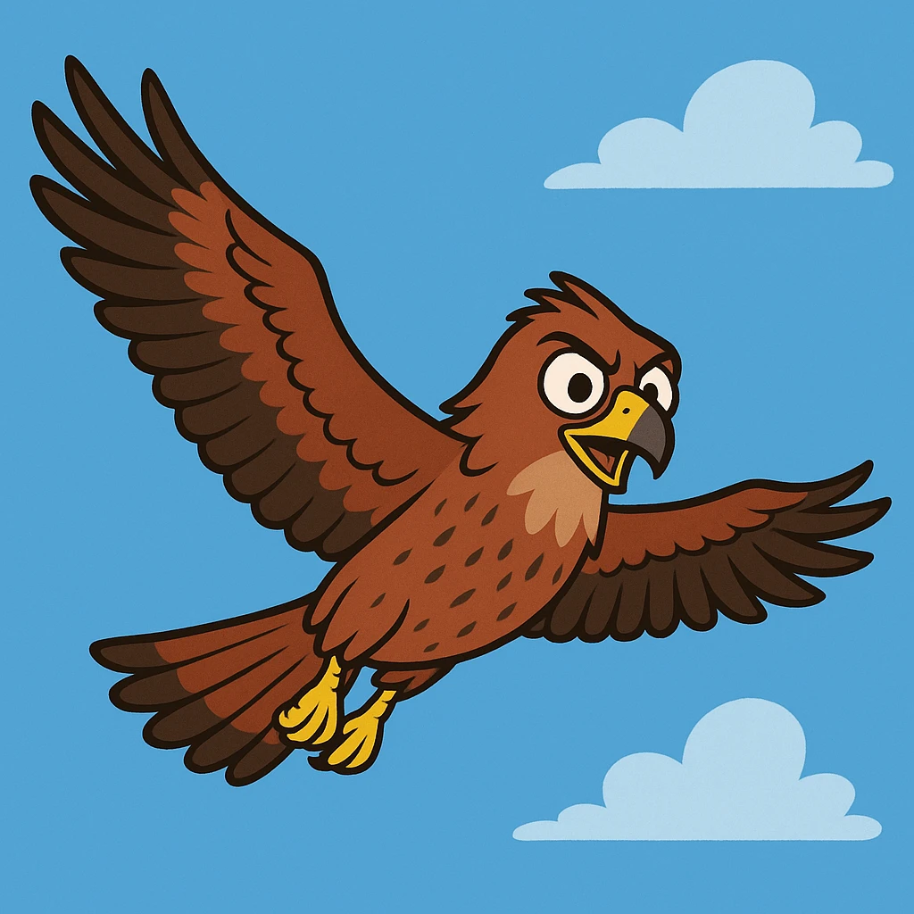 cartoon-style milan bird of prey gliding in the sky, wings outstretched, expressive face, simple blue background emoji