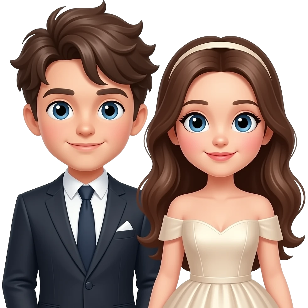 Make an cute couple blown hair ,the boy is wearing suit and the girl is wearing a big gown emoji